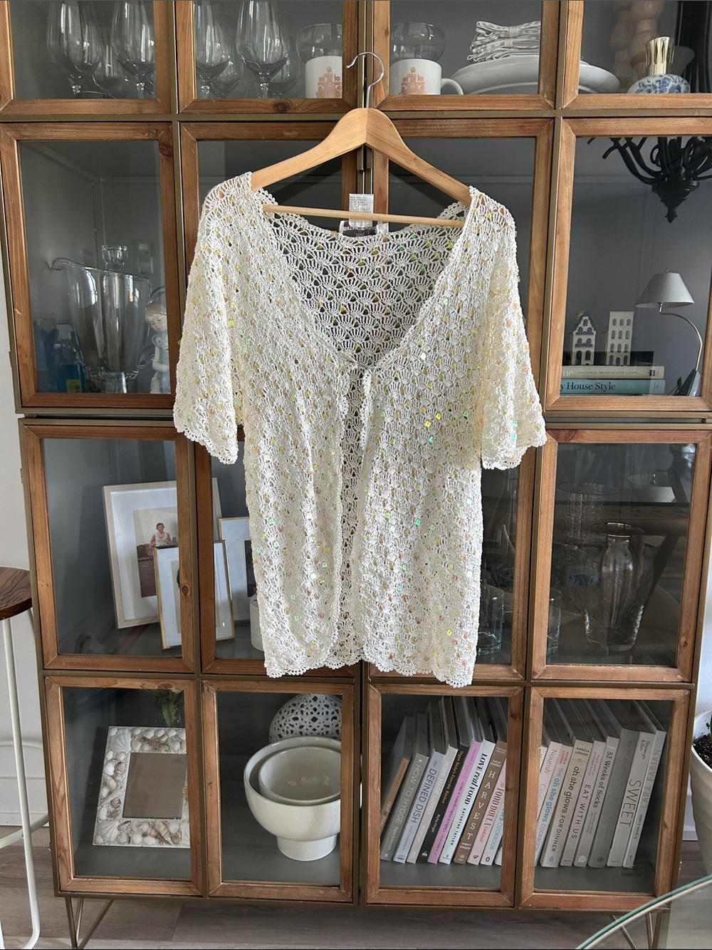 Vintage Beta’s Choice Crochet Sequin Short-Sleeve Cardigan - Beige